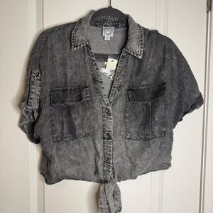 Blue Rain Womens Acid Wash Lyocell Tie Front Cropped Shirt Gray Medium WS22881